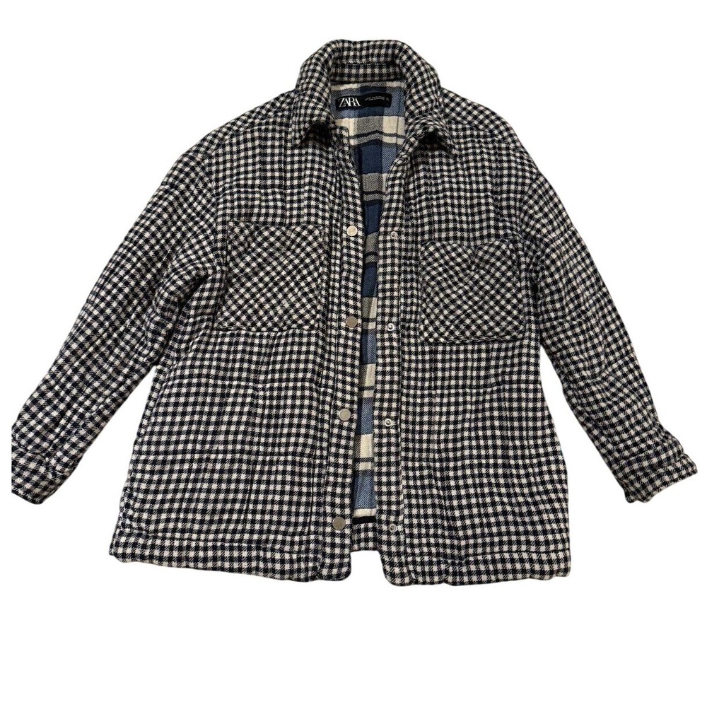 Zara Houndstooth Shirt Jacket Shacket Black White Plaid Lined XS